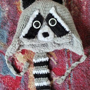 Handmade Kids Raccoon Winter Hat Fleece Lined